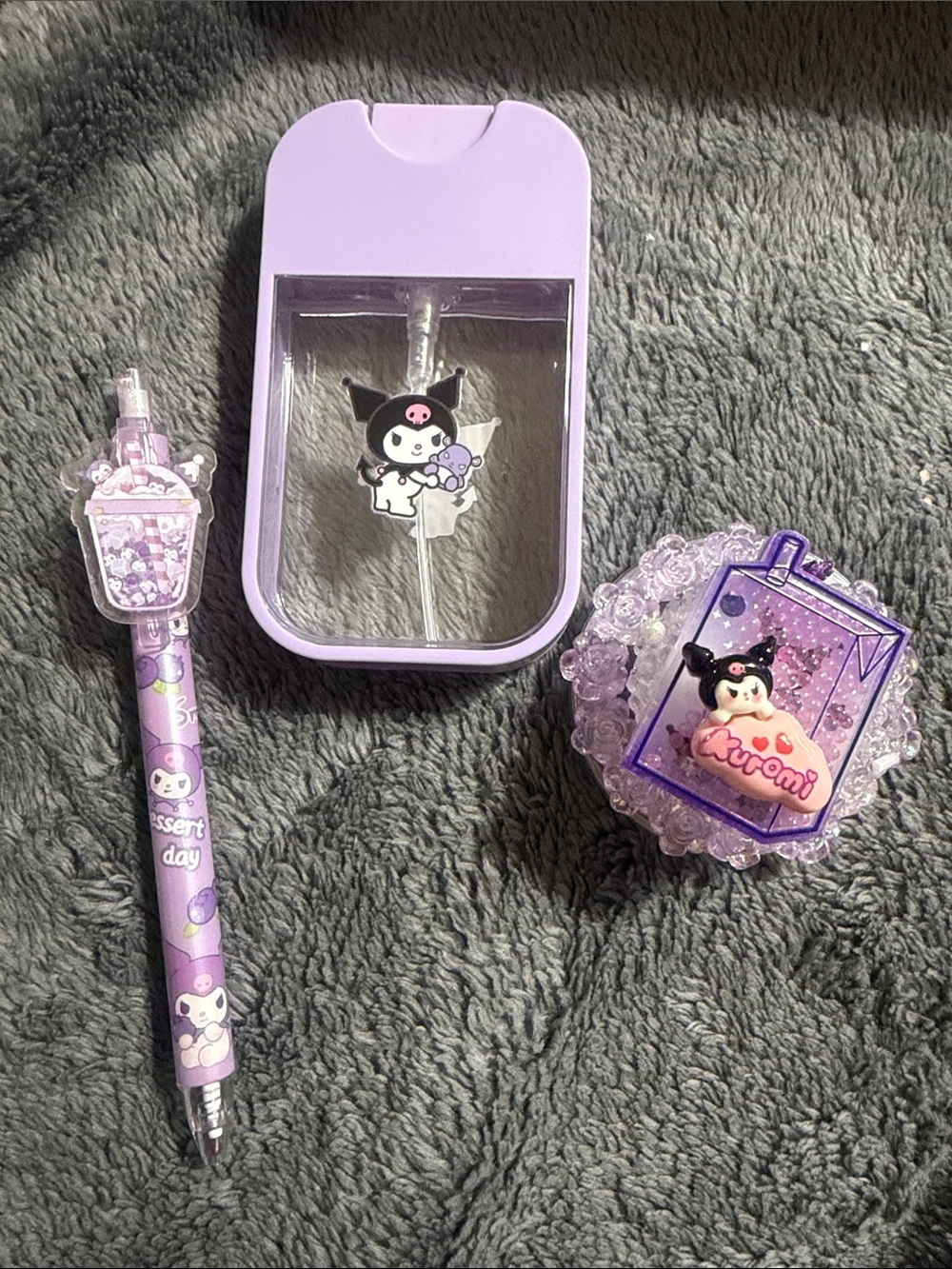 Kuromi Purple Pen, magnetic safe pop socket & sanitizer spray bottle.